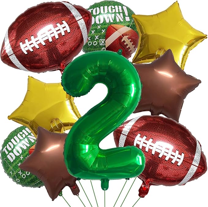 Football Balloons Foil Football Birthday Decorations Balloons Green Number 2 Balloon Gold Brown Star Touchdown Ballons for Rugby Birthday Decorations Sports Ballons Arch Kits Party Balloon Sets 9pcs