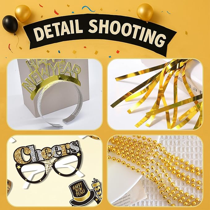 New Years Eve Party Supplies 2026 – 65 PCS Celebration Kit with Headbands, Cone Hats, Glasses, Necklaces, Noise Makers, Photo Booth Props & Wristbands – Gold Silver Happy New Year Decorations