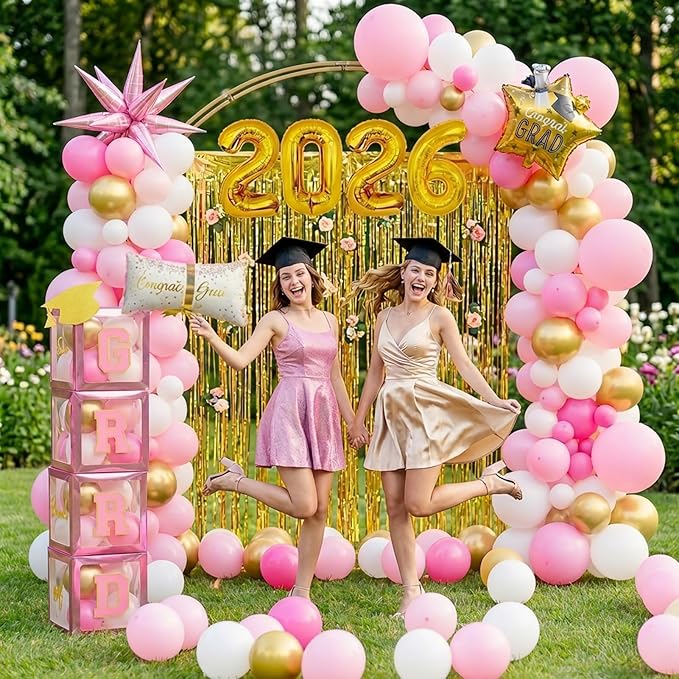 Pink and gold Graduation Decorations 2026 Set of 4 GRAD Balloon Boxes with Balloon Arch Garland Kit mylar balloons shimmer Fringe Curtain So Proud of You 2026 prom Graduation Decorations