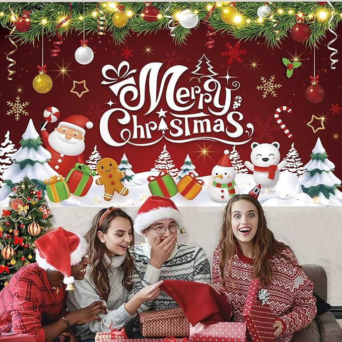Red Green Gold Merry Christmas Backdrop Banner Photography Background for Home Garden Outdoor Wall Xmas Christmas New Year Party Decorations Supplies 72.8 * 43.3in