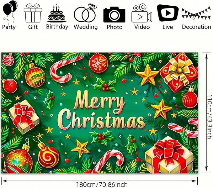Christmas Banner Merry Christmas Decoration Green Red Holiday Wall Backdrop Festive Ornaments Gift Candy Cane Tree Decor for Home Office Party Indoor Outdoor 71 X 43 Inches