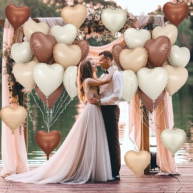 Cream Brown Heart Balloons, 12Pcs Brown Apricot Foil Balloons, Beige Coffee Foil Heart Shape Foil Balloon 18 Inch Nude Neutral Helium Foil Balloon for Boho Birthday Baby Shower Wedding Valentine