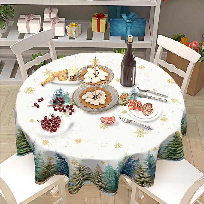 Winter Round Tablecloth 60 Inch Christmas Tree and Snowflake Pattern White Green Table Cloth Circle Xmas Holiday Table Cover Washable Polyester Decor for Home Kitchen Dinning Party