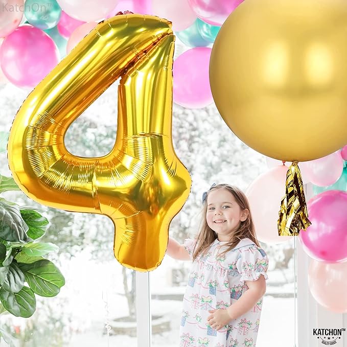 KatchOn, Gold Number 4 Balloons - Big, 40 Inch | 4 Birthday Balloon Gold, 4th Birthday Decorations | Golden 4 Balloon, 4th Anniversary Decorations | 4 Year Old balloon