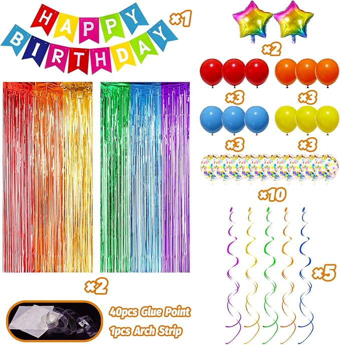Multicolored Rainbow Birthday Party Decorations Pack with Banner, Balloons, Confetti, Fringe Curtain, Heart Star Foil Balloons, Hanging Swirls