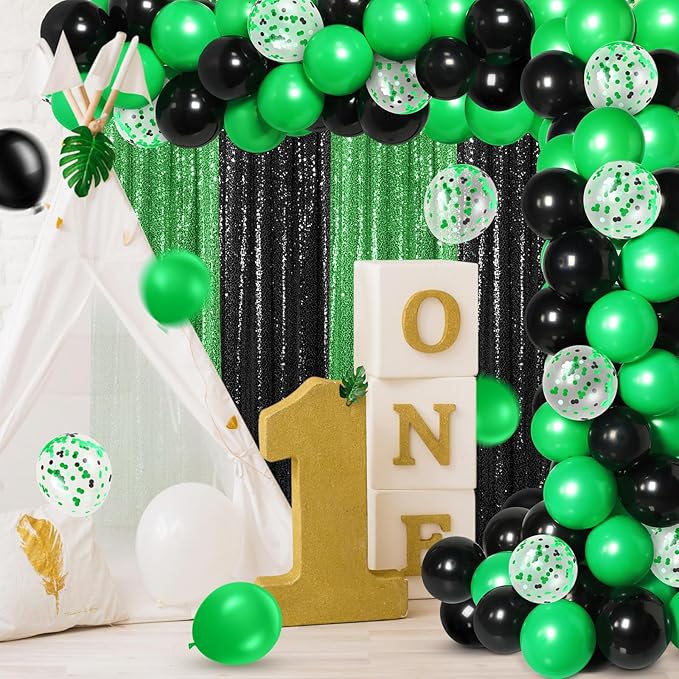 137 Pcs Green Black Party Backdrop Kits- 4 Sequin Curtains Backdrop 133 Balloon Arch Kit, Glitter Photo Background for Graduation Birthday Wedding Anniversary Baby Shower