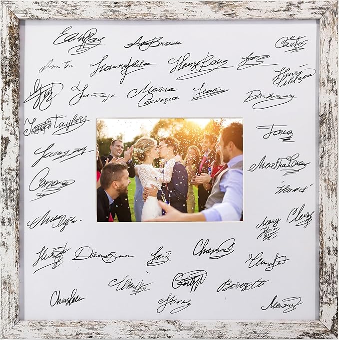 GraduatePro 14x14 Signature Picture Frame Board for 5x7 Photo with Signable Mat for Birthday Baptism Party Graduation Wedding Guest Book Rustic White