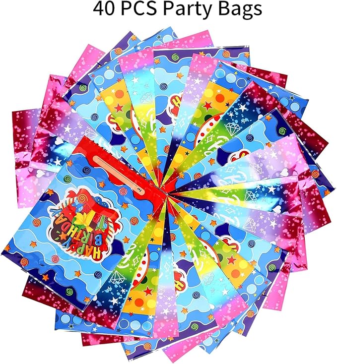 PintreeLand 6.7 * 9.8inch Happy Birthday Party Favor Bags 40 PCS, Plastic Goodies Loot Gift Bags Bulk for Kids Baby Girls & Boys Birthday Party Supplies (A Style 40 Packs)