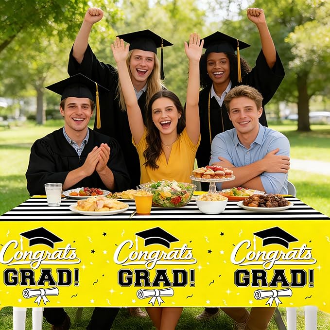 7-Pack Graduation Party Decorations Set, 3 Yellow Graduation Tablecloths 54x108in, 2026 and Grad Balloons, 2 Foil Fringe Curtains for High School College Graduation Party Photo Booth