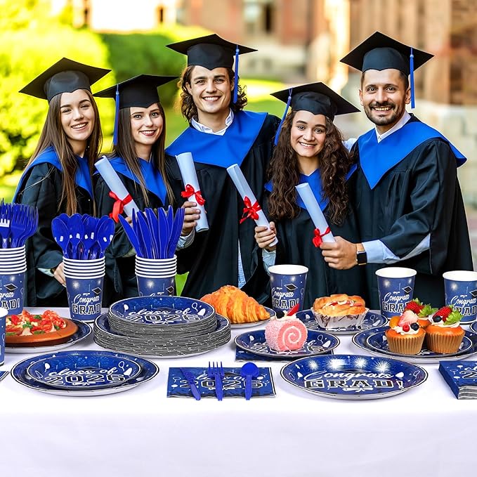 175PCS Graduation Plates and Napkins Set 2026 Graduation Party Supplies Tableware Set Include Paper Plate Napkin Cup Knife Fork Spoon for Grad Party Decor Serve25 (Blue and Black)