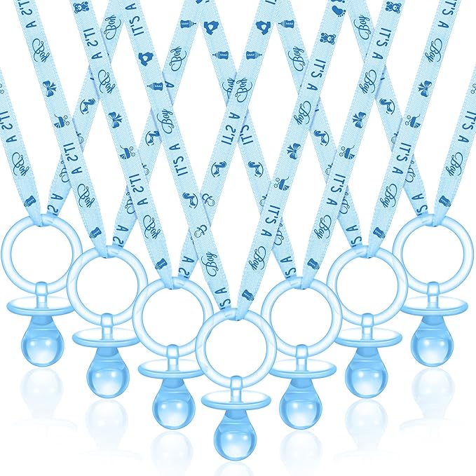 Coume 36 Pcs Shower Party Pacifiers Necklace Acrylic Pacifiers Charm Necklace for Shower Party Decorations Gender Reveal Table Scatter(Blue)