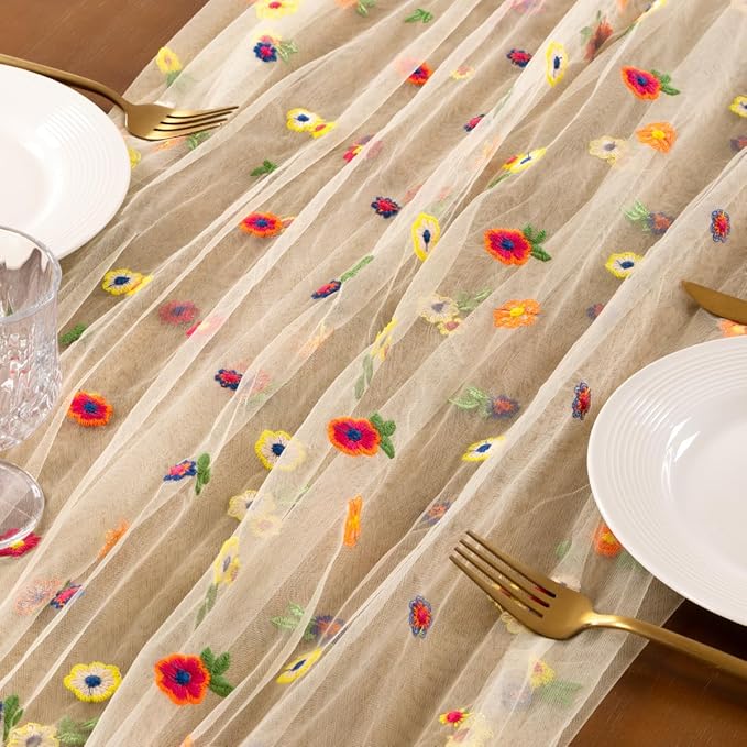 Socomi Embroidery Daisy Spring Easter Floral Wildflower Tulle Gauze CheeseclothTable Runners for Wedding Party Baby Shower Birthday Holiday Picnic Home Decor Champagne 3pcs
