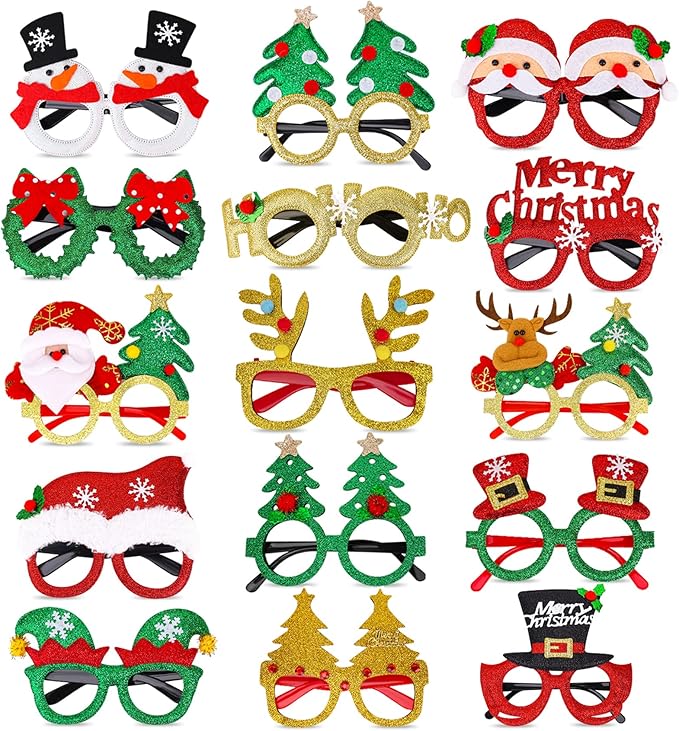 15 Pcs Christmas Glasses Frame Glitter, Costume Eyeglasses Frames Photo Booth Supplies, Xmas Photo Props Eyewears Party Favors Supplies for Adults Christmas Dinner Picnics Holidays