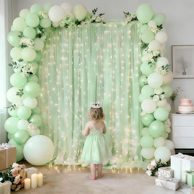 10×10ft Green Tulle Backdrop Curtain with Lights String for Parties, Sheer Photo Curtain Backdrop Drapes for Wedding Party Photography Backgrounds