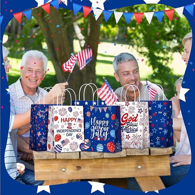 24 Pcs Patriotic 4th of July Gift Bags with Handle American Flag Party Favor Bags Memorial Day Treat Goodie Boxes for 250th Anniversary Independence Day Veterans Red White and Blue Supplies