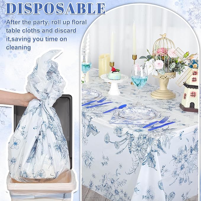 3 Pack Blue Floral Tablecloth, 54 X 108Inch Plastic Tea Party Tablecloths Disposable Vintsage Table Cloths Blue and White Porcelain Tables Decor for Mother's Day Birthday Garden Wedding Tea Party