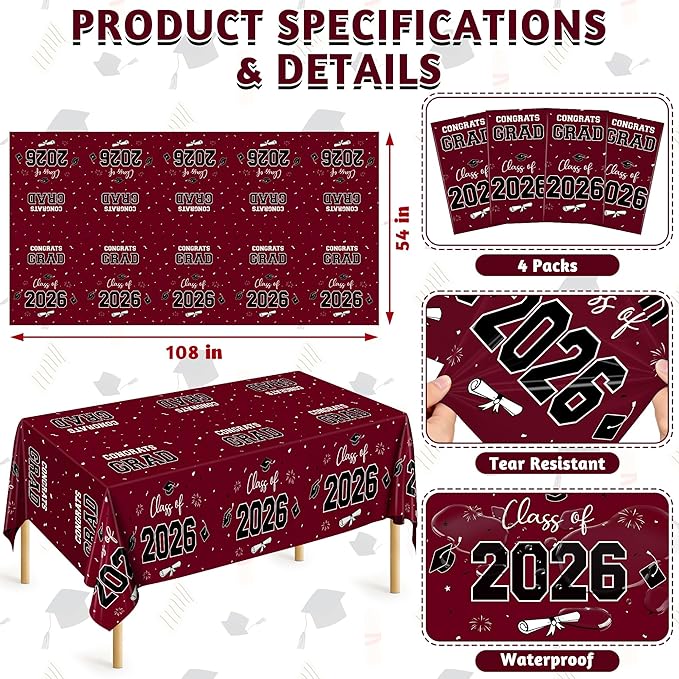 QZYL 4 Pack Graduation Table Decorations 2026, 54" x 108" Maroon Graduation Table Cloths, Disposable Grad Party Decorations for Class of 2026 Congrats Grad, Rectangle Plastic Tablecloth for College