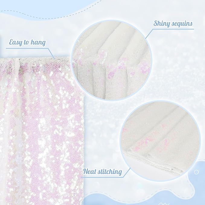 PartyDelight Iridescent White Sequin Backdrop 8x8ft - High Density 3mm Shimmer Sequin Background with 4-Inch Rod Pocket, Sparkly Photography Curtain for Wedding, Gala & Event Decor