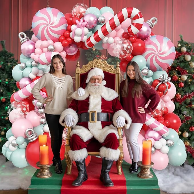 Pastel Pink Christmas Balloon Garland Arch Kit, Red Pink Green Snowflake Balloons Candy Cane Peppermint Foil Balloons for Christmas Birthday Baby Shower Decorations Xmas Candyland Nutcracker Party
