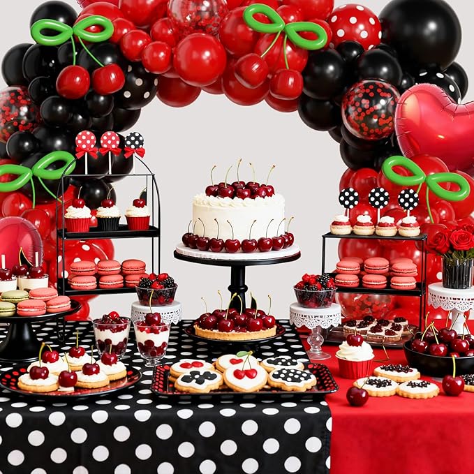 JOGAMS 170Pcs Betty Party Decorations,Red and Black Party Decorations with Confetti Red Heart Foil Polka Dot Green 260 Long Balloons for Bachelorette Birthday Baby Shower Vintage Retro Party
