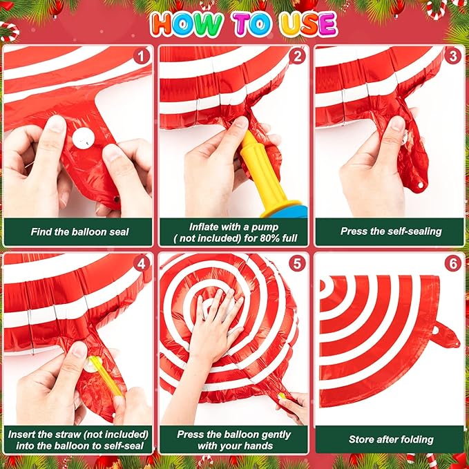 36Pcs Christmas Balloons Kit, Cane Candy Foil Balloons with Ribbons, Red Green Mylar Balloon for Party Decorations
