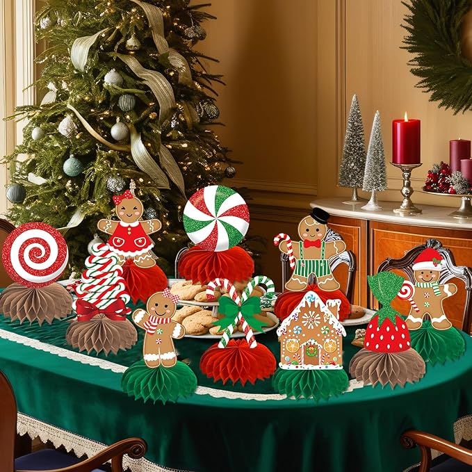 Gingerbread Christmas Party Table Decorations Centerpieces,10pcs Paper Gingerbread Man House Lollipops Candy Canes Honeycombs for Xmas Winter Holiday Birthday Party Decor Supplies