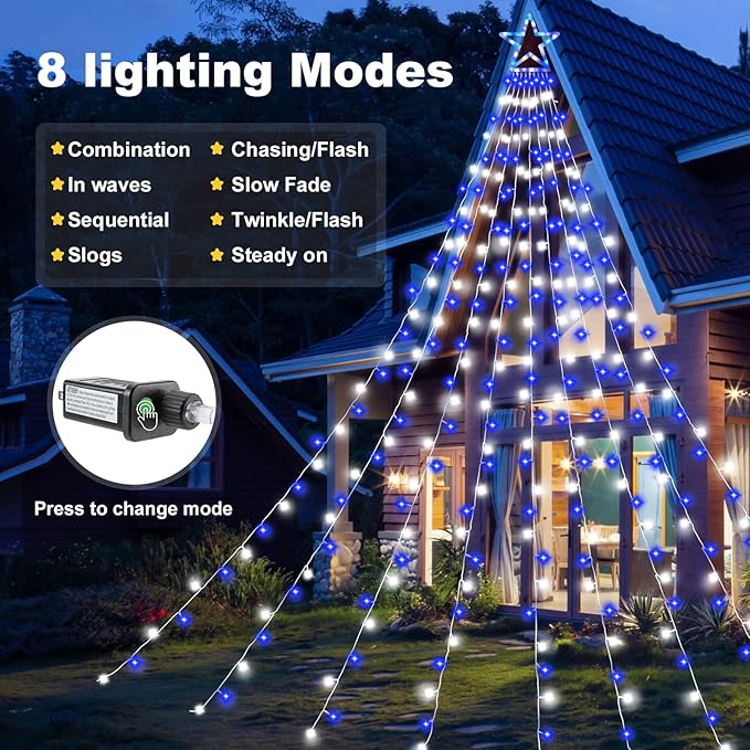 Christmas Decorations Outdoor,11.5 ft 317 LED Star Christmas Tree Lights,8 Memory Lighting Modes&Timer Star Light for Yard,Wedding,Party, Decorations(Blue+White)