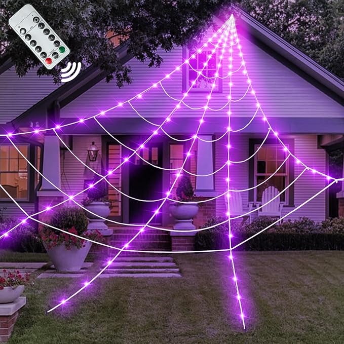 Halloween Decorations Outdoor and Indoor, 250 LED Halloween Spider Web Light Decorations, 200" Large Light Up Spider Web for Yard(Purple)