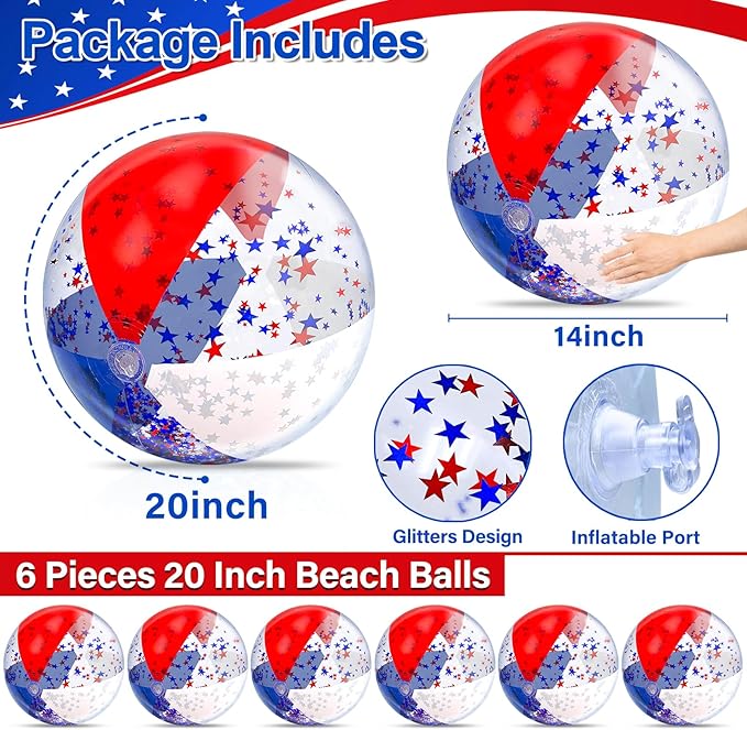 TURNMEON 6 Pack 20 Inch Patriotic Inflatable Beach Balls Bulk, 4th of July Confetti Red White and Blue Large Beach Ball for Kids Adults Beach & Summer Pool Party Decorations,Outdoor Pool Toys Game
