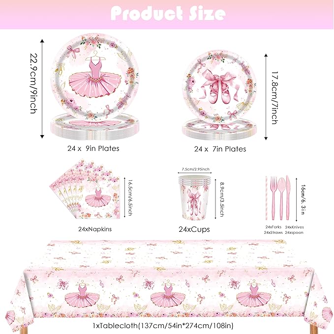 193Pcs Ballerina Birthday Party Decorations for 24 - Ballet Party Tableware Set with 7&9in Plates, Napkins, Cutlery Set, Tablecloth | Disposable Dance Party Supplies for Girls
