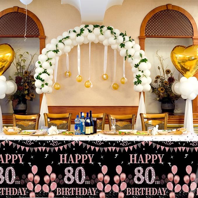 3 PCS 80th Birthday Tablecloth Decorations Black and Rose Gold 80 Years Old Party Disposable Rectangular Table Cloth for Women Birthday Anniversary Celebration Decor