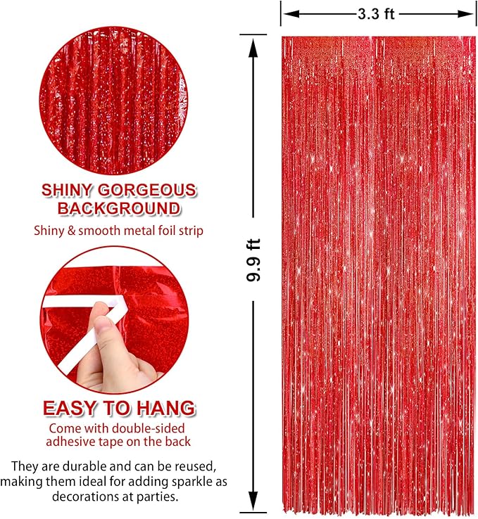 Crosize 2 Pack 3.3 x 9.9 ft Laser Red Foil Fringe Curtains Party Decorations,Tinsel Curtain Backdrop for Parties, Door Streamers, Glitter Streamer Backdrop for Birthday Decoration