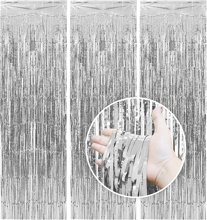 Homiest 3 Pack Silver Tinsel Backdrop, 3.3x6.6 FT Metallic Tinsel Foil Fringe Curtains Party Decorations, Birthday Door Streamers for Baby Shower Wedding, Photo Booth Props Background Wall Decor