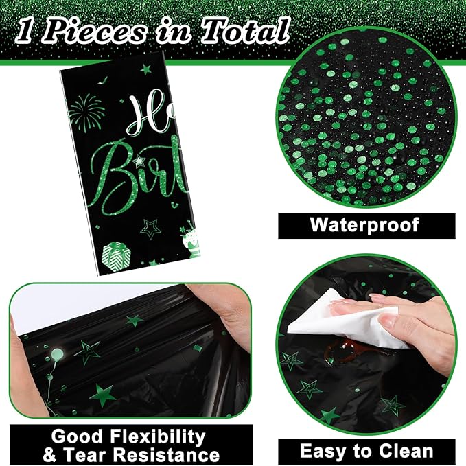 Tudomro 1 Pcs Happy Birthday Tablecloths Happy Birthday Party Decorations Plastic Table Cover Rectangular Cloths for Women Men Baby Shower Party Supplies, 108 x 54 Inch (Black Green)