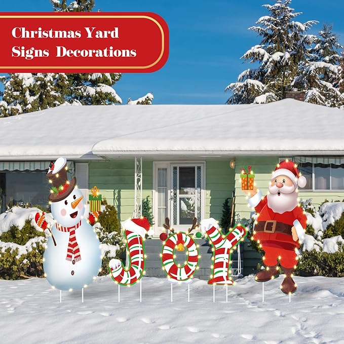 Macarrie Outdoor Christmas Decoration - 5 Pieces Joy Yard Sign with Lights String, Xmas Santa Snowman Lawn Stakes for Outside Holiday Walkway Party Decor