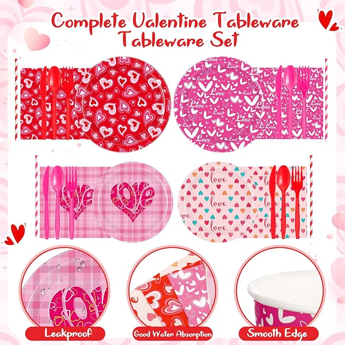 450 Pcs Heart Love Tableware Set Decorations Mother's Day Paper Plates Napkins Cups Cutlery Straws for Church Event Party Supplies, Serves 50