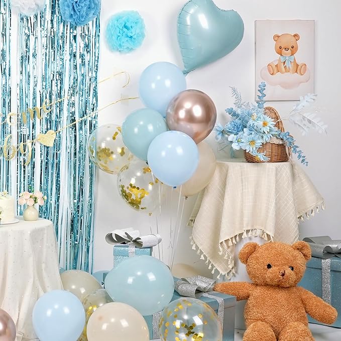 Dusty Blue Baby Shower Decorations for Boy,Welcome Baby Banner with Sand White Champagne Gold Balloons Fringe Curtains Paper Pom Poms Flowers Tassels for Boho Baby Shower Gender Reveal Party Supplies