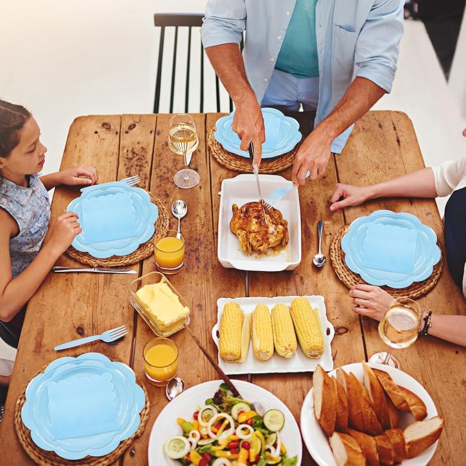 96 Pcs Light Blue Paper Plates and Napkins Set Party Supplies, Tableware set for 24 Guest include Disposable Light Blue Scalloped Plates, Napkins and Forks for Baby Shower Bridal Shower Wedding