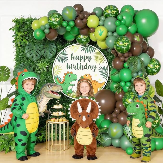 Dinosaur Birthday Party Decorations, Jungle Themed Balloon Arch Kit with Green Brown Balloons Dinosaur Paw Print Stickers for Kids Jungle Safari T-REX ROAR Themed Party Decor Supplies