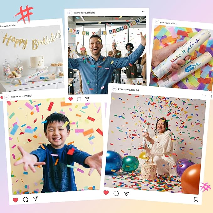 PrimePure Confetti Cannon Party Poppers - Biodegradable Multicolor Rectangular Confetti Poppers - 2 Pack - Party Cannon Shooters Gun for Wedding, Birthdays, Celebrations