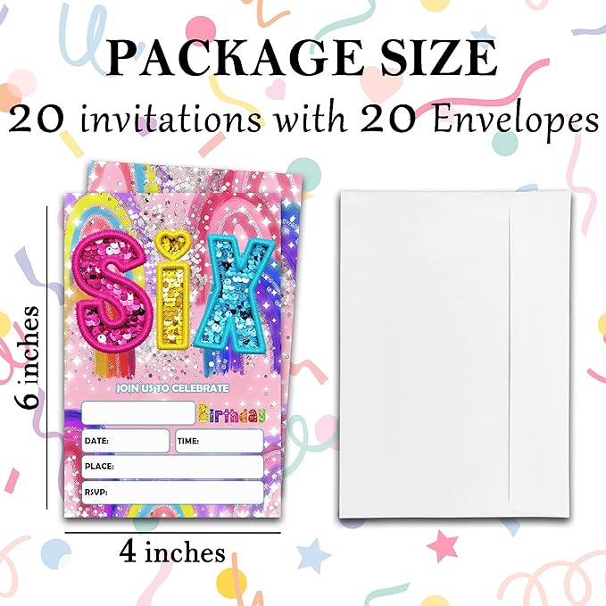 6th Birthday Party Invitations - 20-Pack of 4''x6'' Colorful Invite Cards with Envelopes, Double-Sided Fill In Birthday Celebrate Supplies & Decoration For Boys & Girls Teens - A04