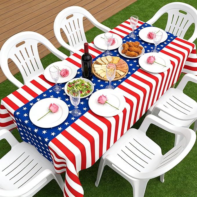 4th of July Tablecloth, Patriotic Plastic Tablecloths 54"x108", Fourth of July Table Decorations Red White and Blue American Table Covers 8 Pack, Patriotic Decorations Memorial Day Party Supplies