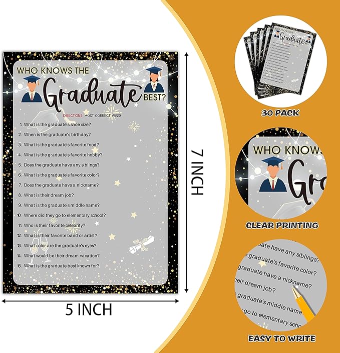 Graduation Party Games - Who Knows The Graduate Best Cards - Graduation Party Decorations 2024 - Gold & Black Grad Celebrations Party Supplies for High School/College - 30 Game Cards(H01)