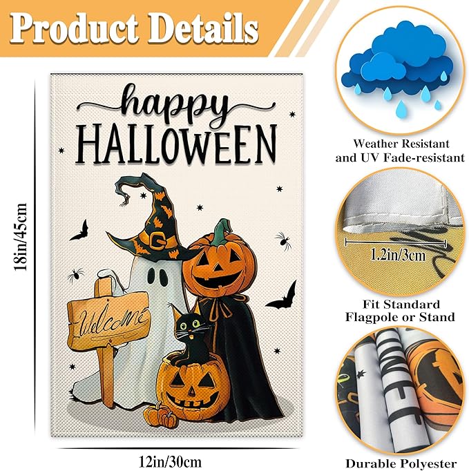Happy Halloween Garden Flag 12x18 Double Sided Ghost Jack O Lantern Bat Garden Flag 3Ply Fabric Halloween Pumpkin Garden Flags for Outside House Indoor Outdoor Holiday Yard Sign Decor