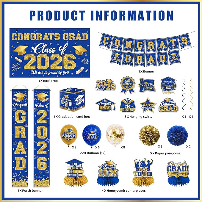 2026 Graduation Decorations - Blue Gold Congrats Grad Party Supplies include Card Box, Backdrop, Banner and Balloons for Class of 2026 Decorations Set