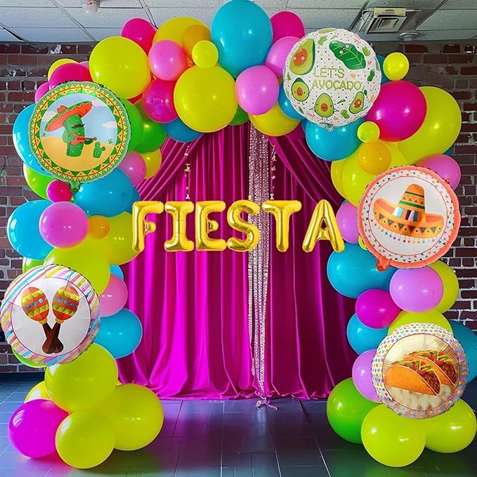 Cinco de Mayo Fiesta Balloon Garland Arch Kit, 160Pcs Rainbow Rose Red Pink Blue Yellow Green Blue Balloons for Mexican Fiesta Party Decorations