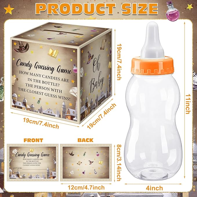 Glenmal 52 Pcs Baby Shower Games Gift Sets Large Baby Bottle for Shower Game Guess How Many Candies Decorations for Gender Reveal(Magical Wizard)