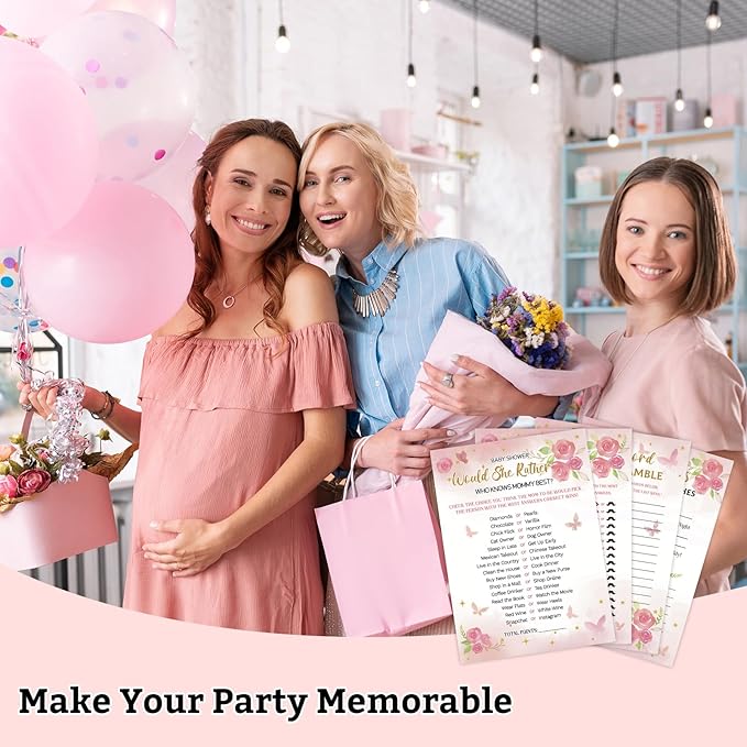 HOMANGA Baby Shower Games for Girl, 4 Fun Games for 25 Guests, Pink Floral Baby Shower Decorations, Who Knows Mommy Best, Guess Who Mommy or Daddy, Word Scramble, Babies Descriptions & Well Wishes