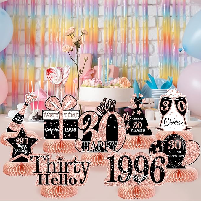 9Pcs 30th Birthday Decorations Honeycomb Centerpieces for Women, Rose Gold Pink Happy 30th Birthday Centerpieces Tables Toppers Party Decorations Supplies, Vintage 1996 Aged Table Sign Decor