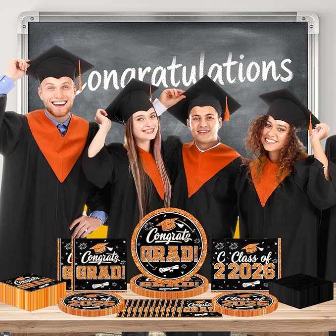 Graduation Decorations 2026 Graduation Party Plates and Napkins Set Black Orange Class of 2026 Graduation Party Supplies for Congrats Grad Party Decor, Serve 50